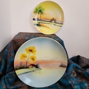Lot Of 2 Meito China Japan Handpainted Plates Calm Pastoral Scenes Vtg 8in & 6.5